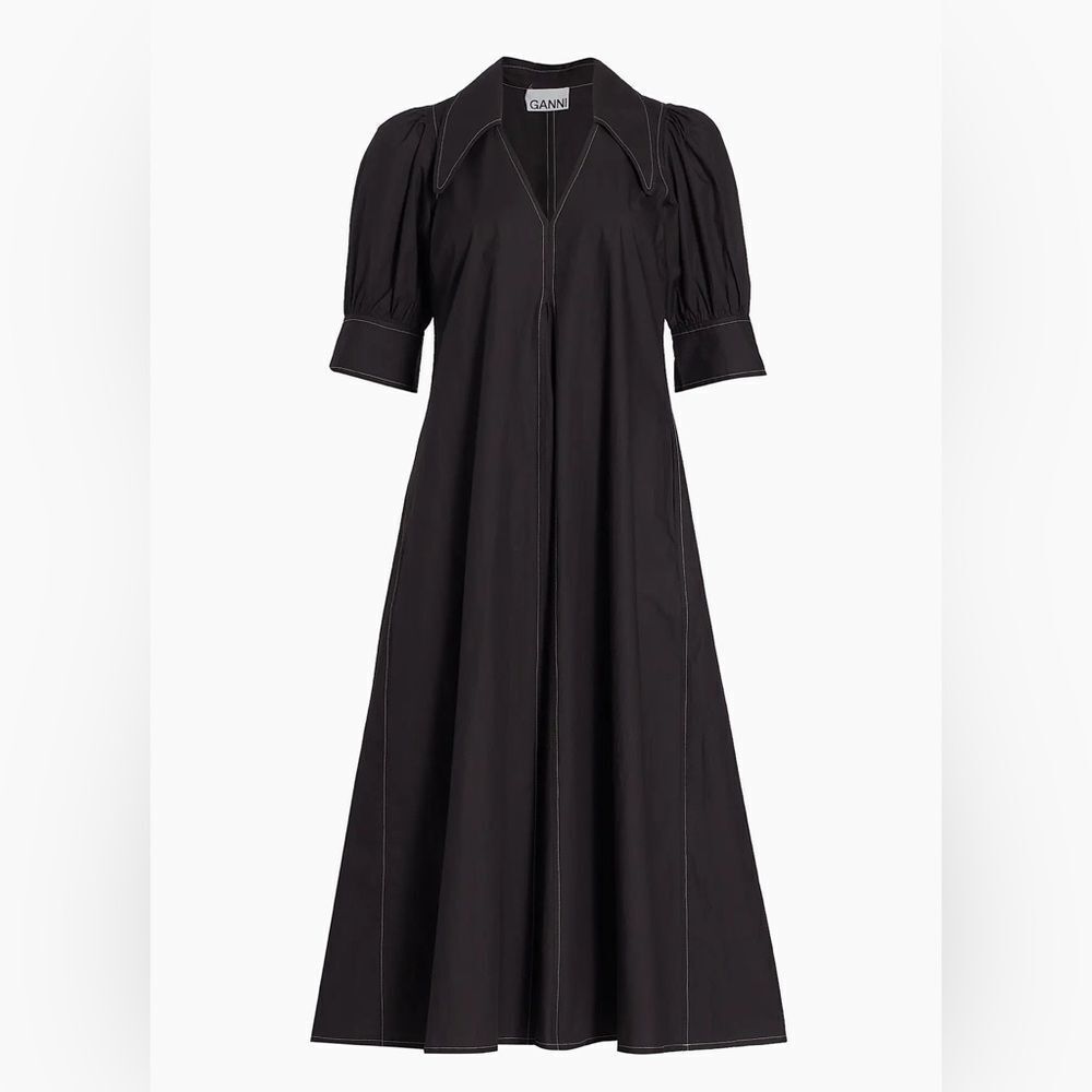 Ganni Cotton Poplin V-Neck Midi Dress, Size Medium